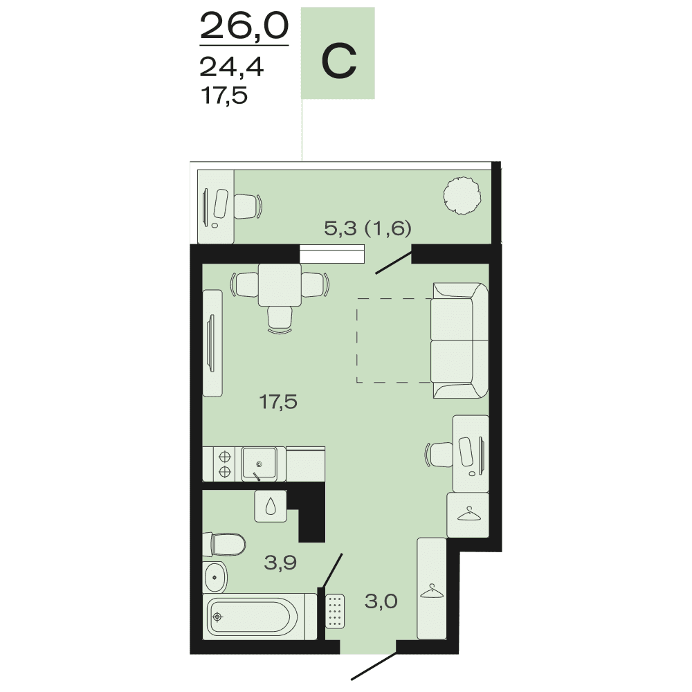 Планировка: студия, 26 м²