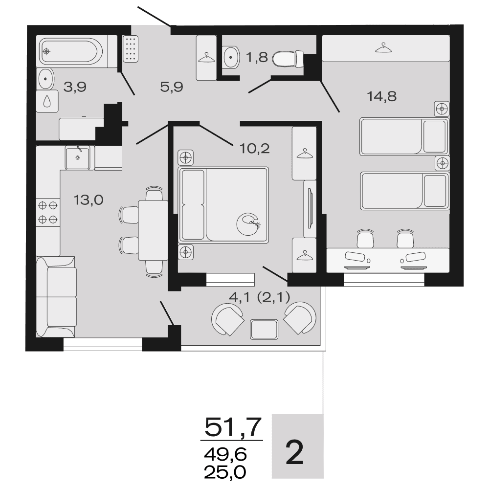Планировка: 2-комнатная квартира, 51,7 м²