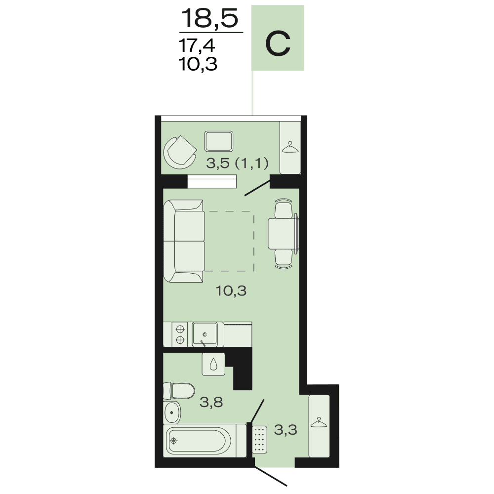 Планировка: студия, 18,5 м²