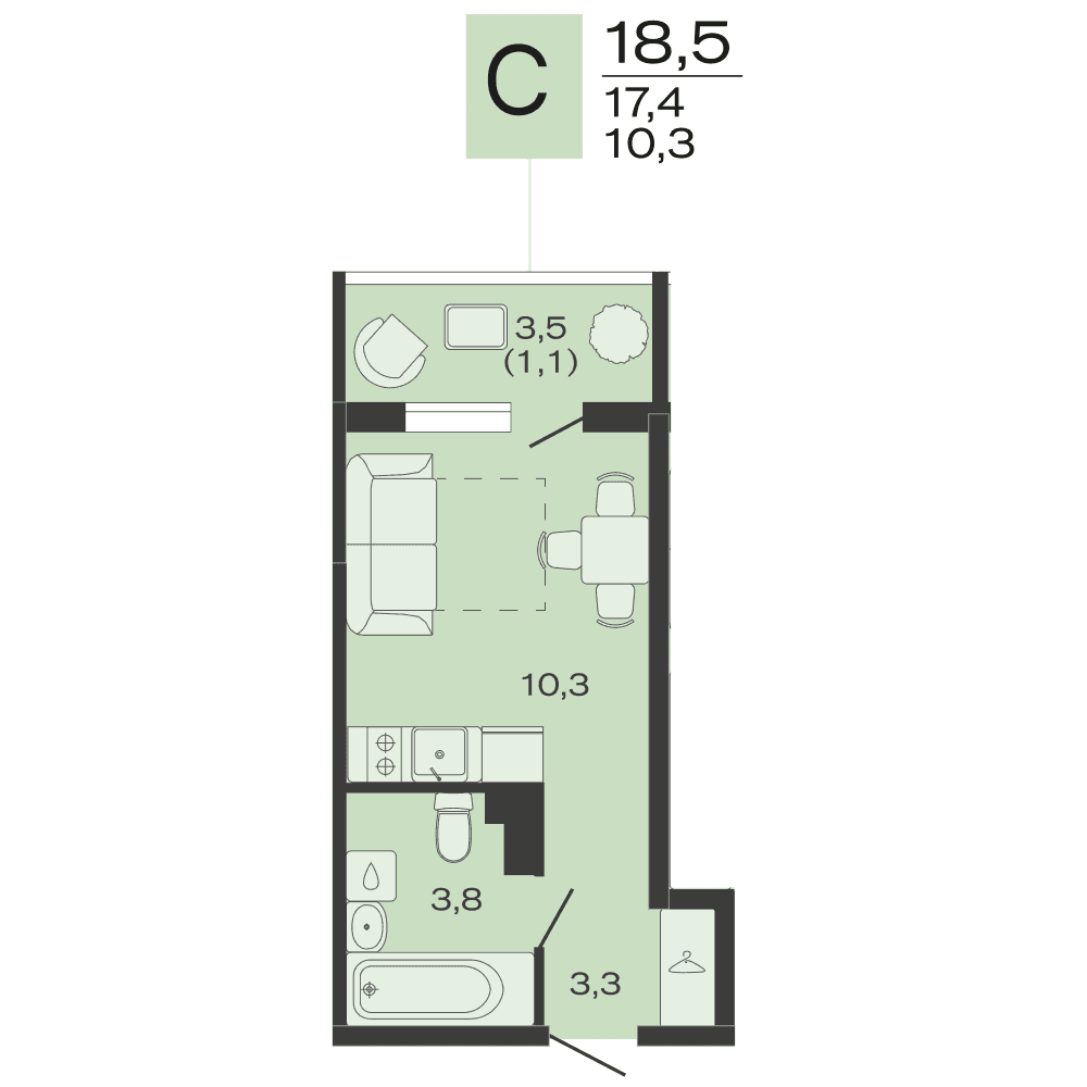 Планировка: студия, 18,5 м²