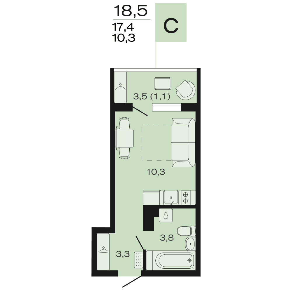 Планировка: студия, 18,5 м²