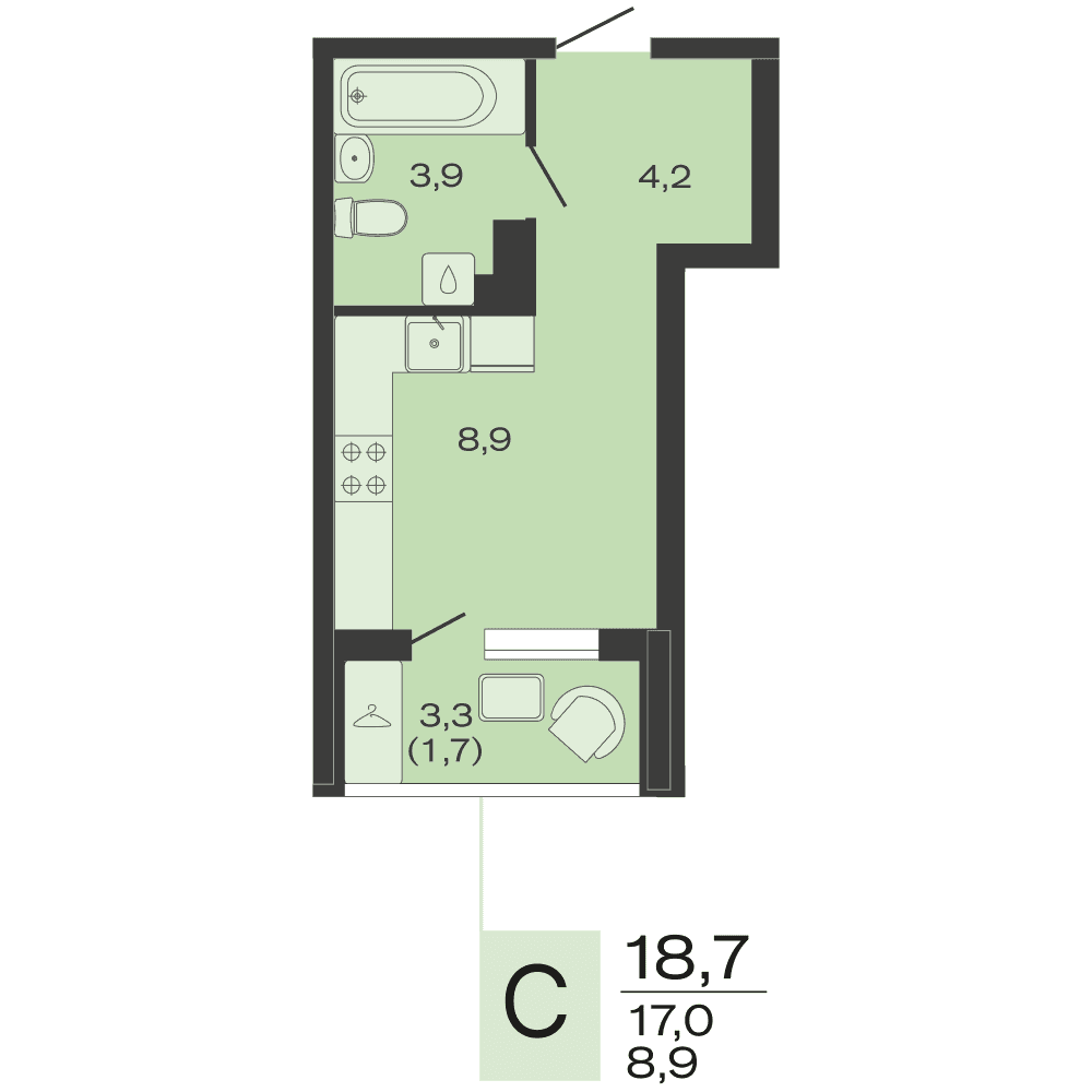 Планировка: студия, 18,7 м²