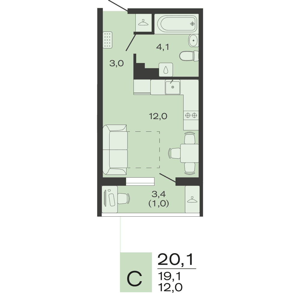 Планировка: студия, 20,1 м²