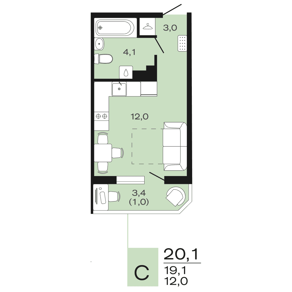 Планировка: студия, 20,1 м²