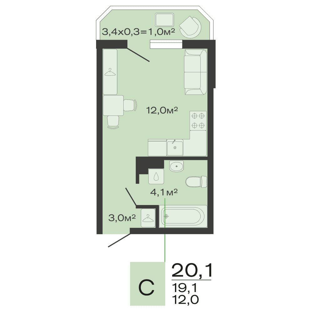 Планировка: студия, 20,1 м²
