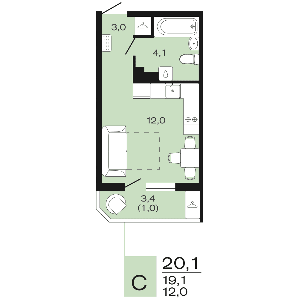 Планировка: студия, 20,1 м²