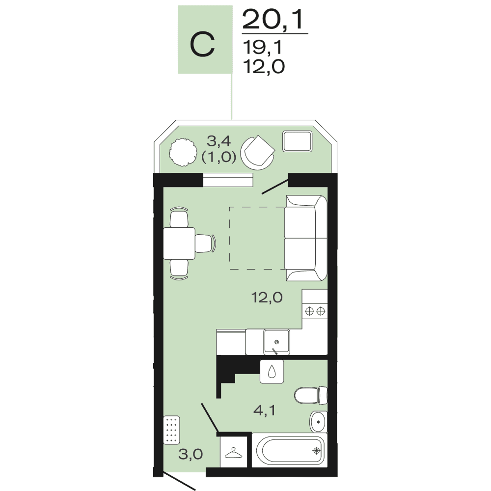 Планировка: студия, 20,1 м²