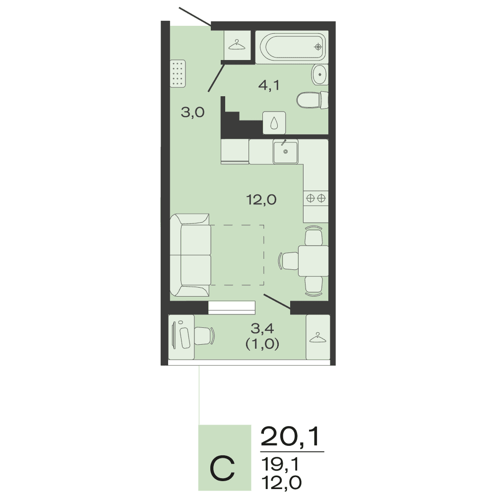 Планировка: студия, 20,1 м²