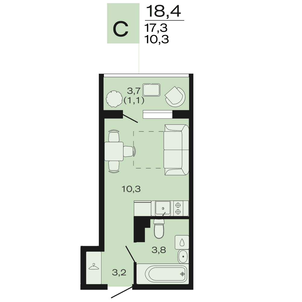 Планировка: студия, 18,4 м²