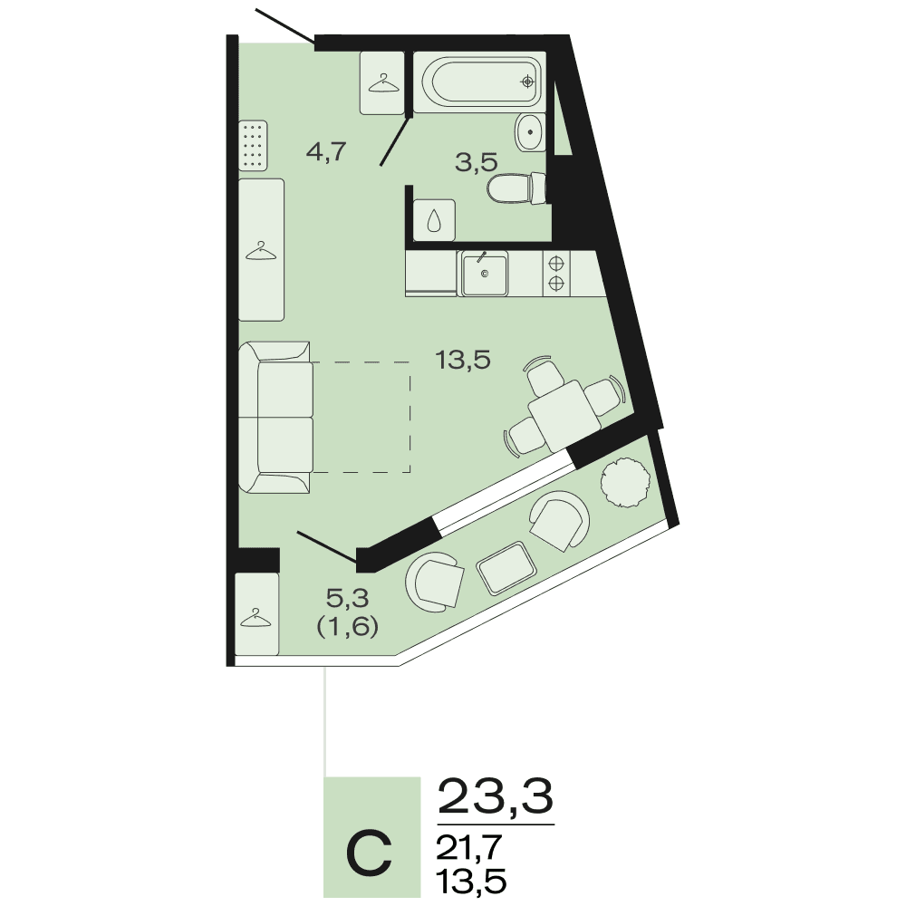 Планировка: студия, 23,3 м²