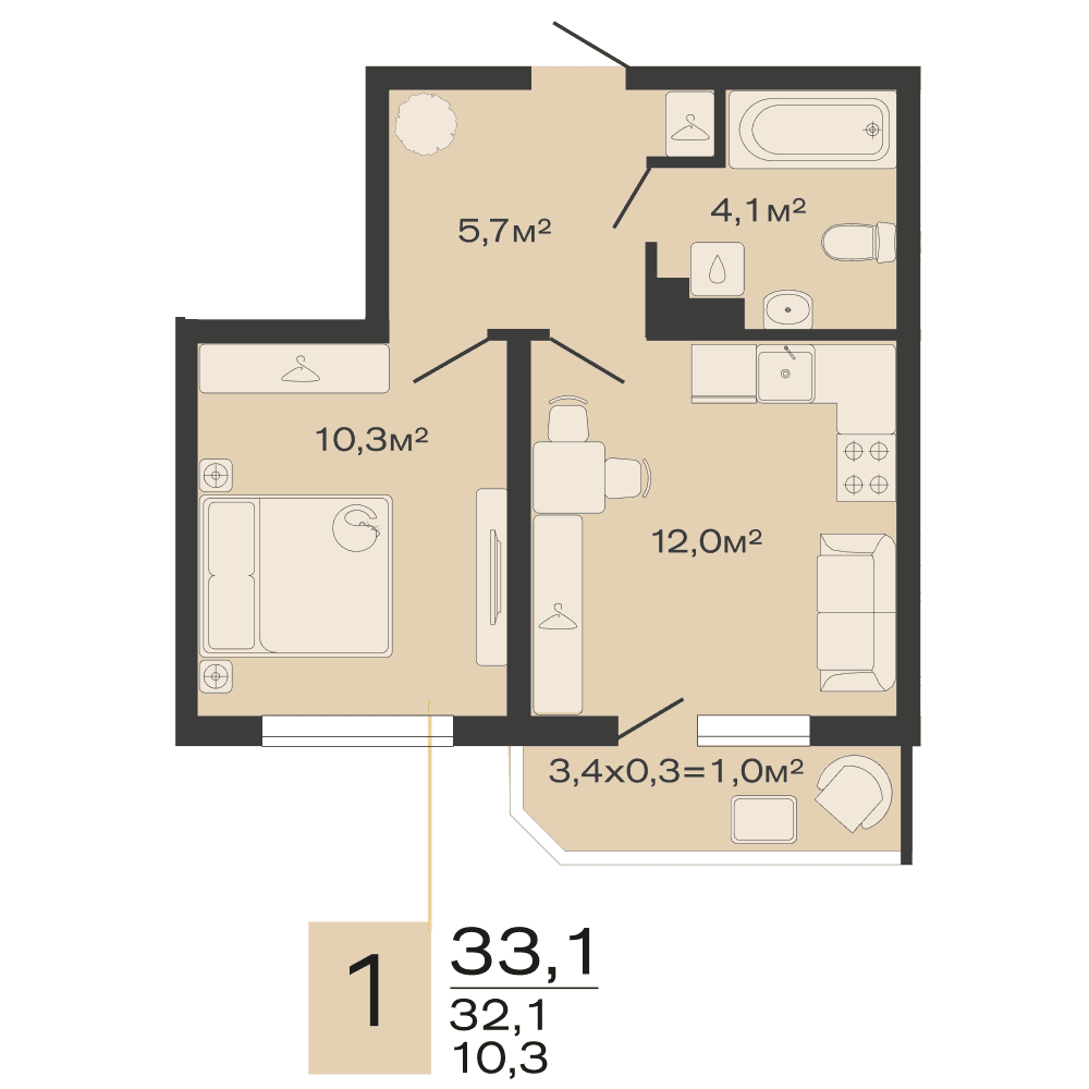 Планировка: 1-комнатная квартира, 33,1 м²