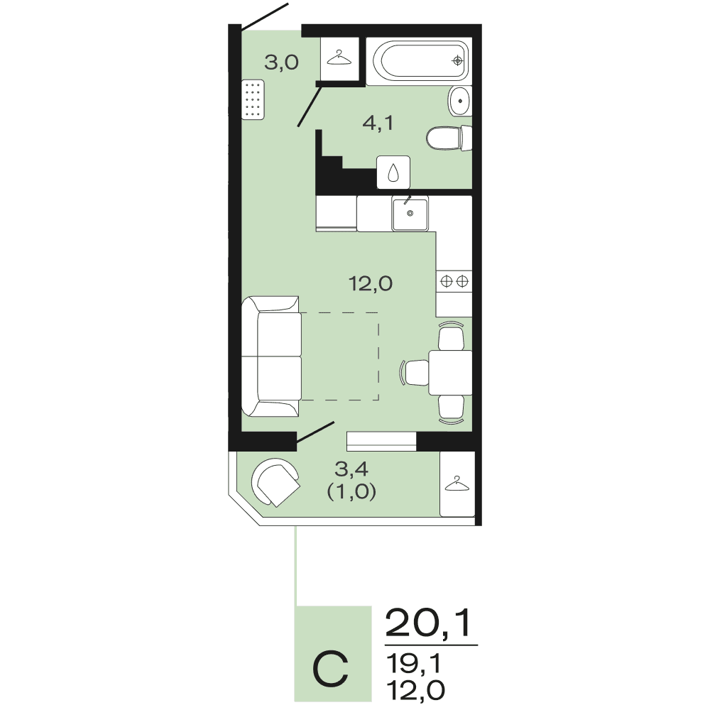Планировка: студия, 20,1 м²