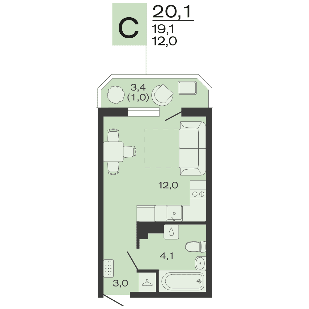 Планировка: студия, 20,1 м²