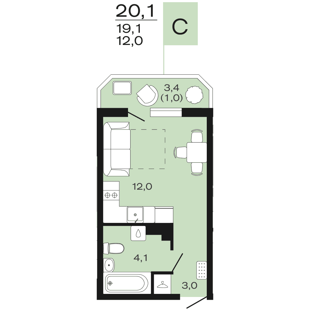 Планировка: студия, 20,1 м²