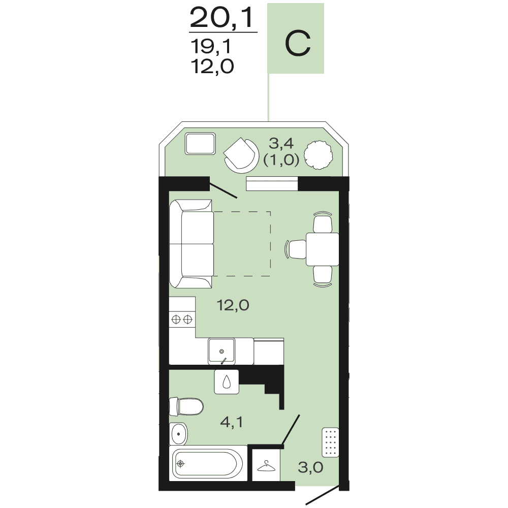 Планировка: студия, 20,1 м²