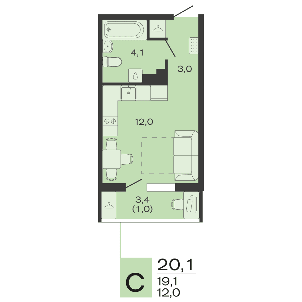 Планировка: студия, 20,1 м²