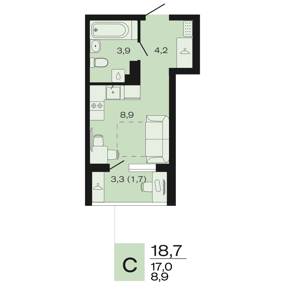 Планировка: студия, 18,7 м²