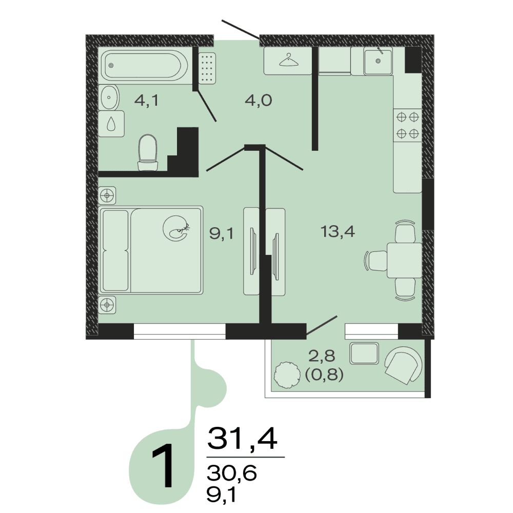 Планировка: 1-комнатная квартира, 31,4 м²