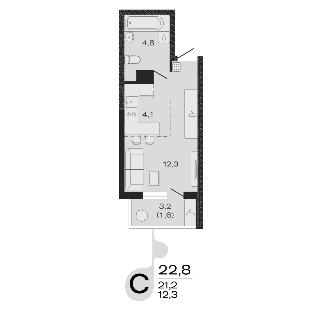 Планировка: студия, 22,8 м²
