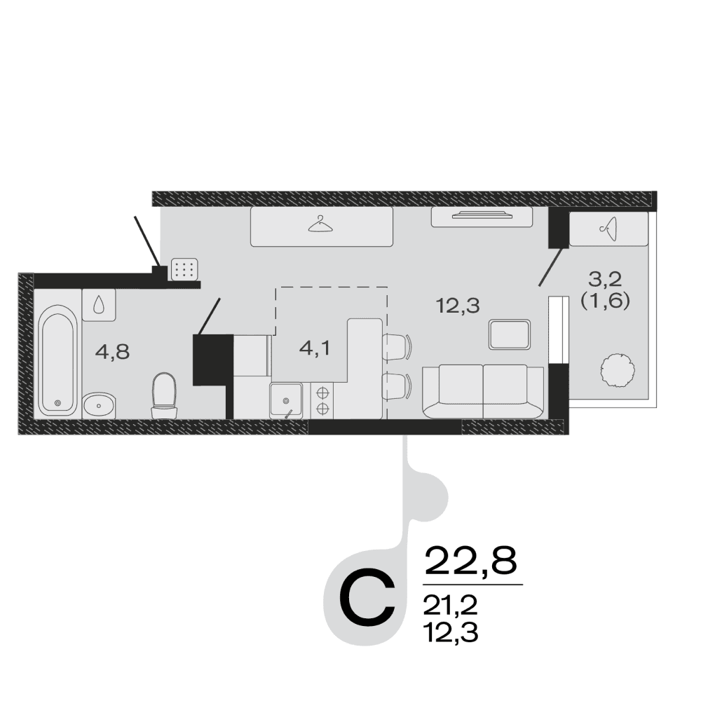 Планировка: студия, 22,8 м²