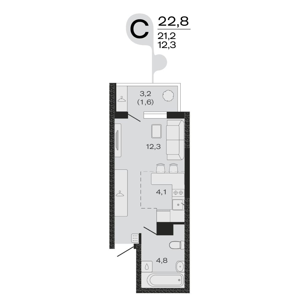 Планировка: студия, 22,8 м²