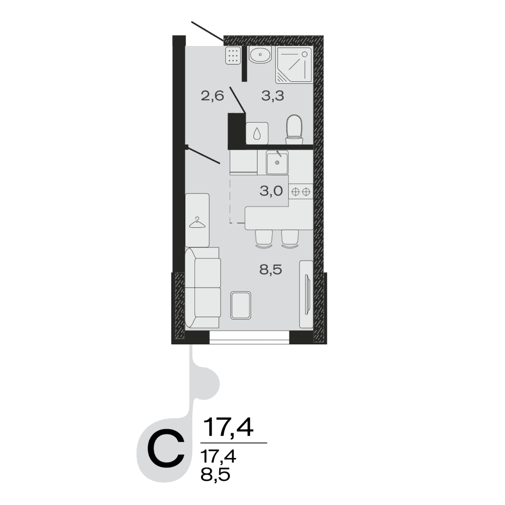 Планировка: студия, 17,4 м²