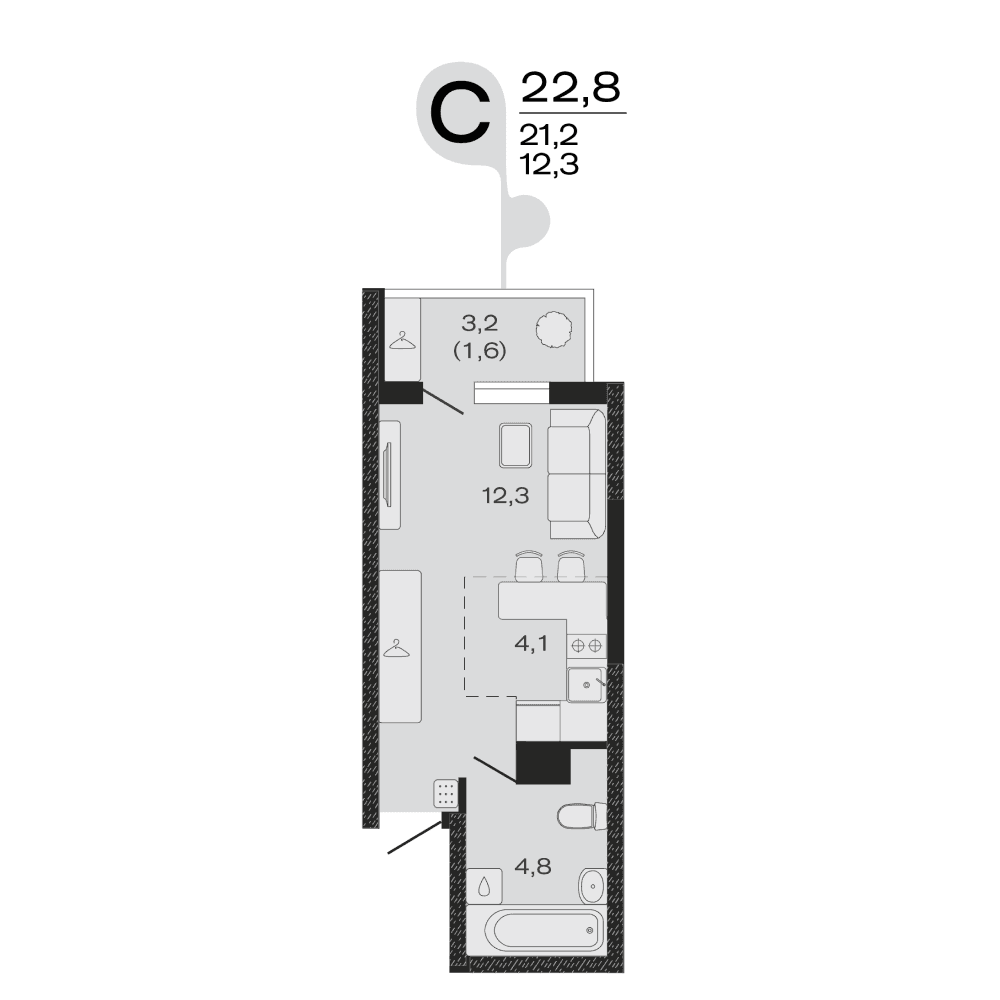 Планировка: студия, 22,8 м²