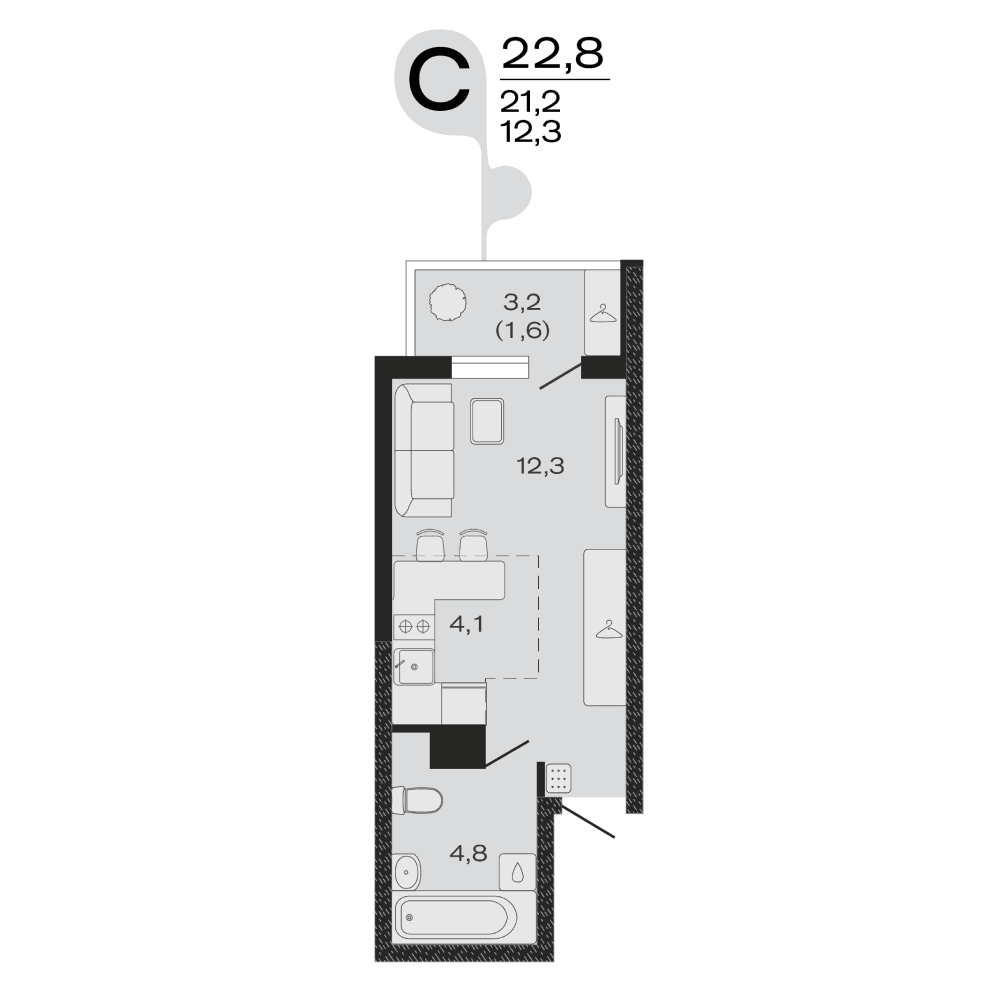Планировка: студия, 22,8 м²