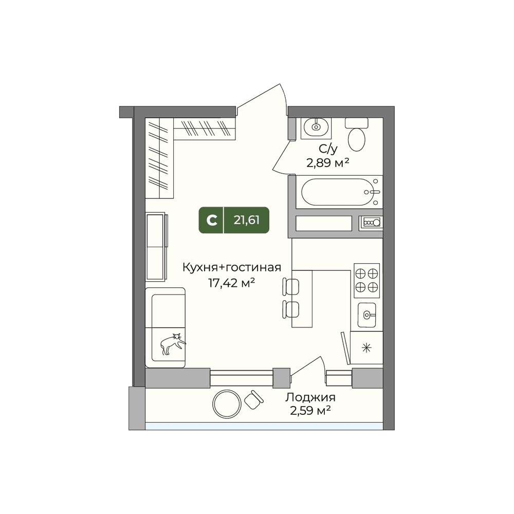 Планировка: студия, 21,61 м²