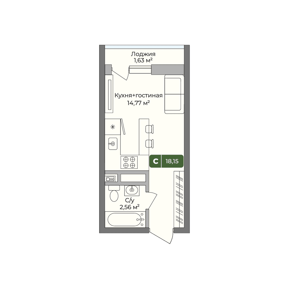 Планировка: студия, 18,15 м²