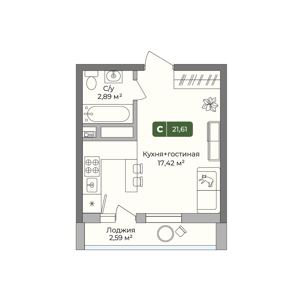 Планировка: студия, 21,61 м²