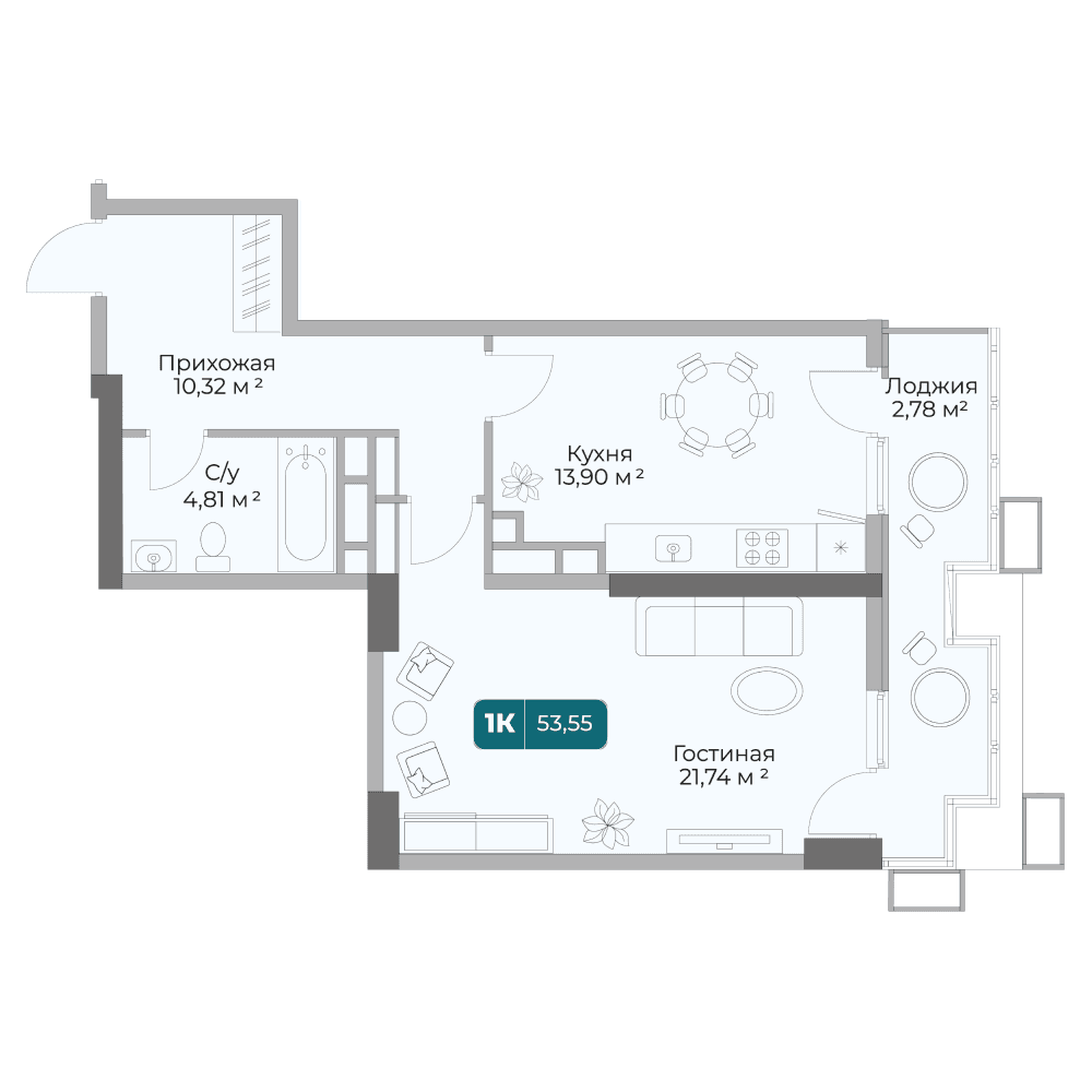 Планировка: 1-комнатная квартира, 53,55 м²