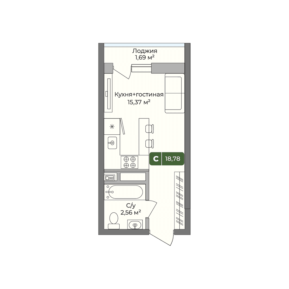 Планировка: студия, 18,78 м²