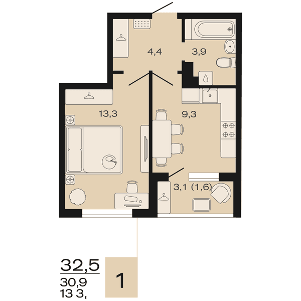 Планировка: 1-комнатная квартира 32,5 м²