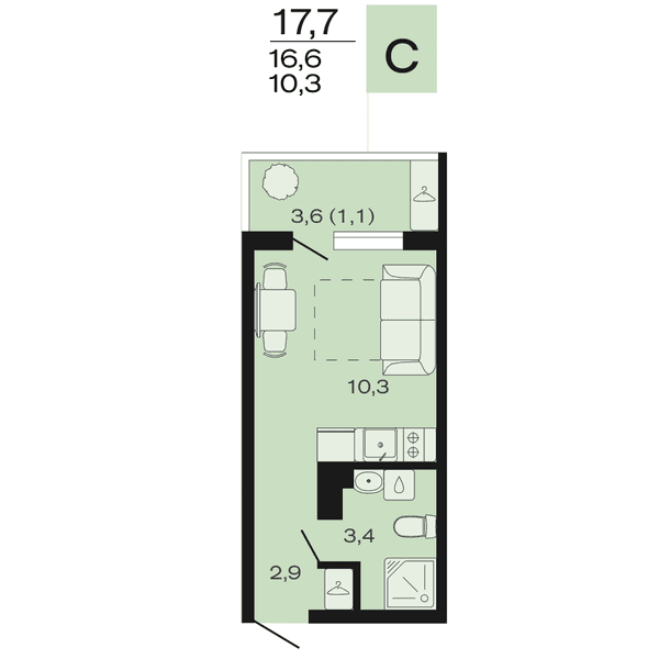 Планировка: студия квартира 17,7 м²