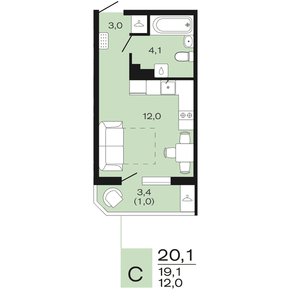 Планировка: студия квартира 20,1 м²