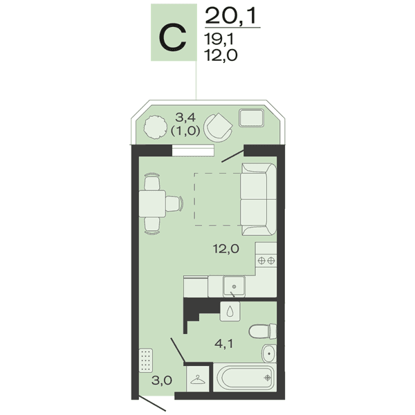 Планировка: студия квартира 20,1 м²
