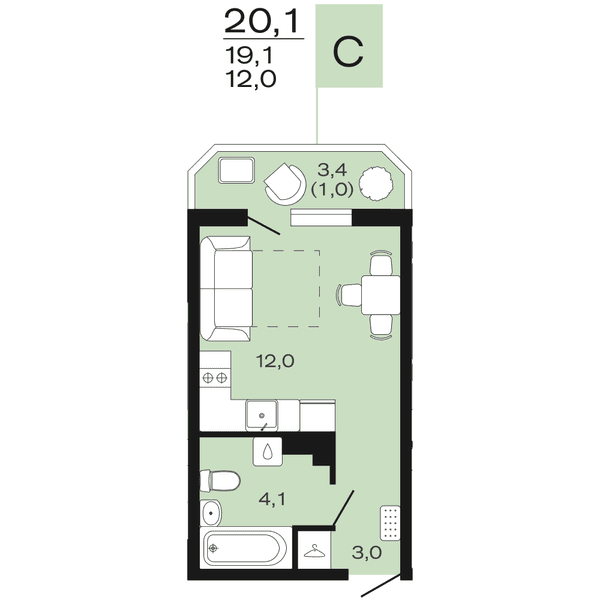 Планировка: студия квартира 20,1 м²