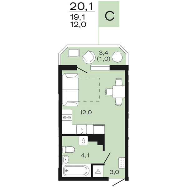 Планировка: студия квартира 20,1 м²