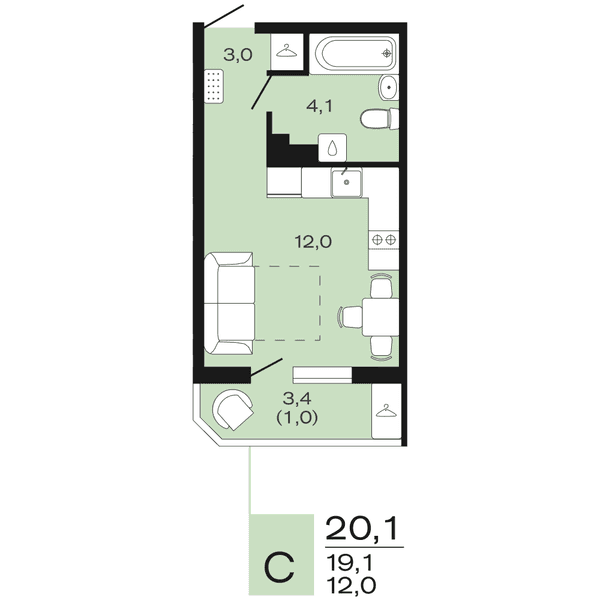 Планировка: студия квартира 20,1 м²