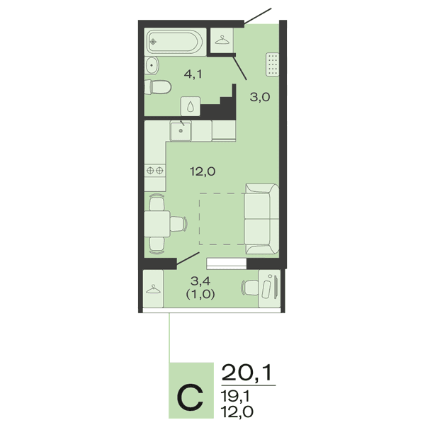Планировка: студия квартира 20,1 м²