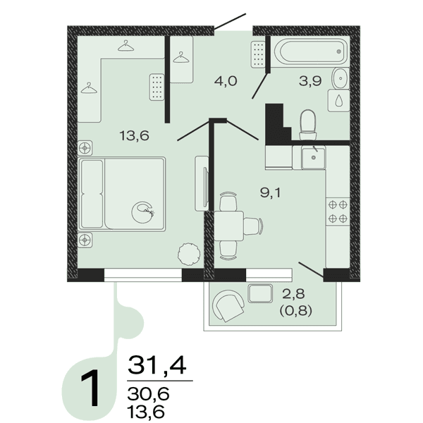 Планировка: 1-комнатная квартира 31,4 м²