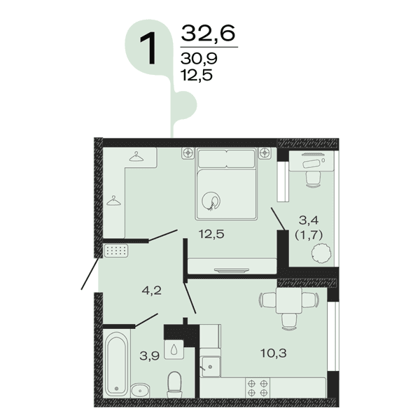 Планировка: 1-комнатная квартира 32,6 м²
