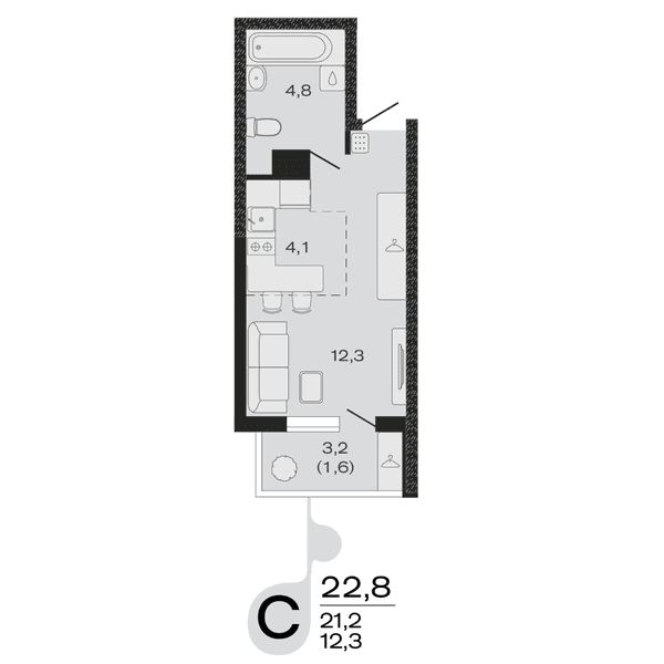 Планировка: студия квартира 22,8 м²