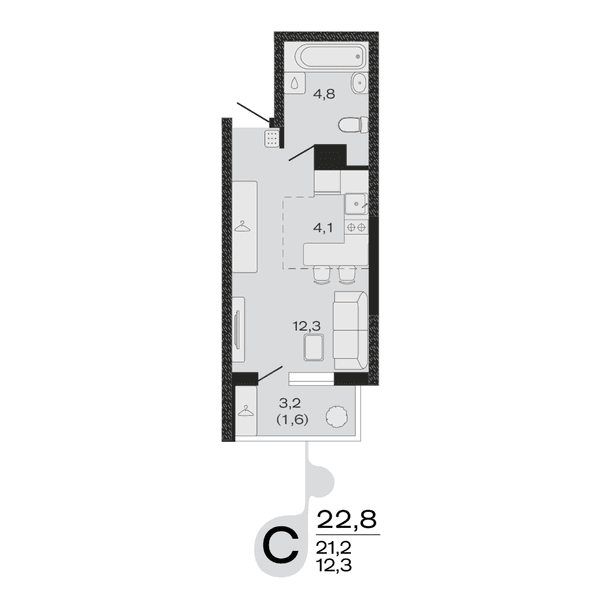 Планировка: студия квартира 22,8 м²