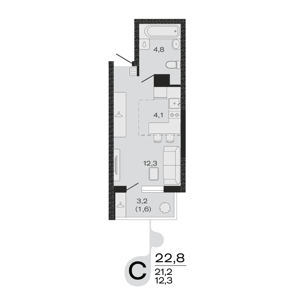 Планировка: студия квартира 22,8 м²