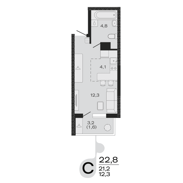 Планировка: студия квартира 22,8 м²