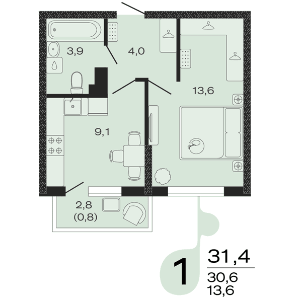 Планировка: 1-комнатная квартира 31,4 м²
