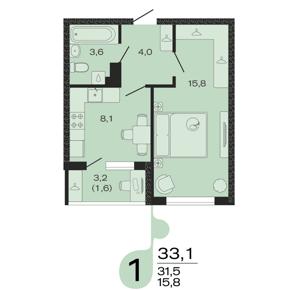 Планировка: 1-комнатная квартира 33,1 м²