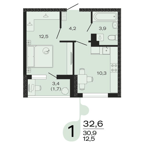 Планировка: 1-комнатная квартира 32,6 м²